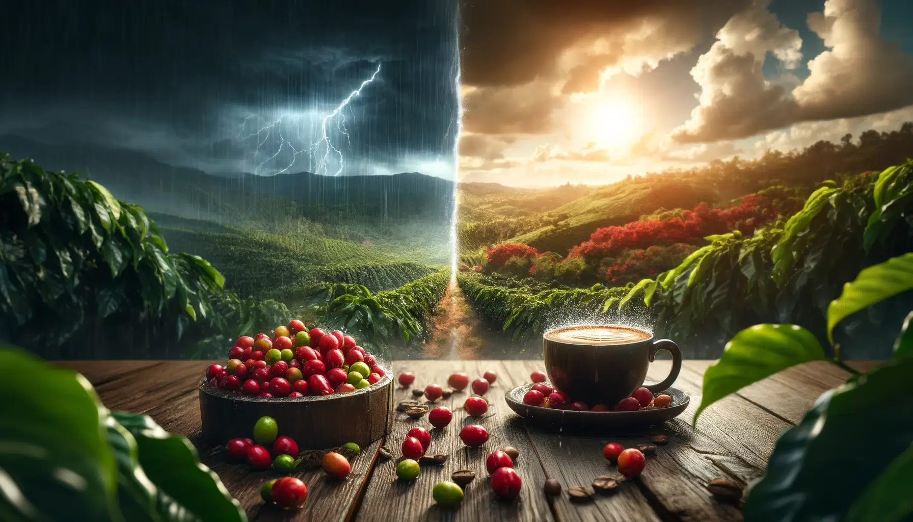 DALL·E 2024-11-11 08.41.49 – In the foreground, a coffee cup with vibrant red coffee cherries spilling from one side and empty branches on the other. In the background, a lush cof